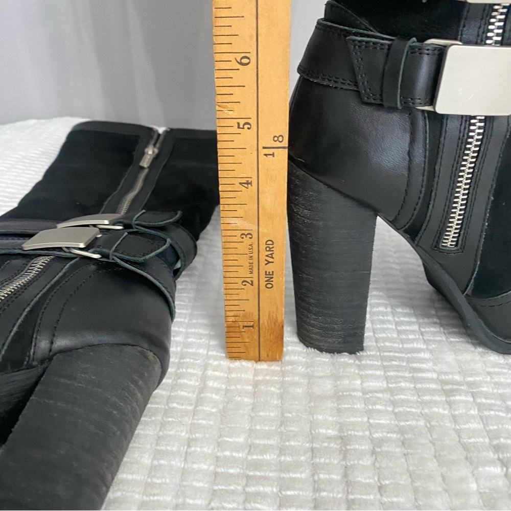 Milana Black Leather Knee High Moto Boots Buckle Block Heel EU 35 US 5 Italy - Picture 12 of 16